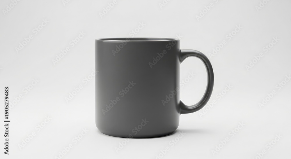 Fototapeta premium A dark grey coffee mug with a handle on a white surface viewed from the side in a product photography style