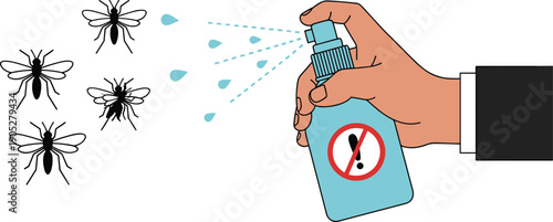 Hand spraying insect repellent against flying insects illustration, showing pest control action, hygiene protection, and insect prevention concept for home and public safety