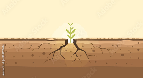 Plant growth from cracked soil concept representing resilience, hope, renewal, survival strength, environmental recovery, new beginning, sustainability symbolism suitable for nature visuals, motivatio
