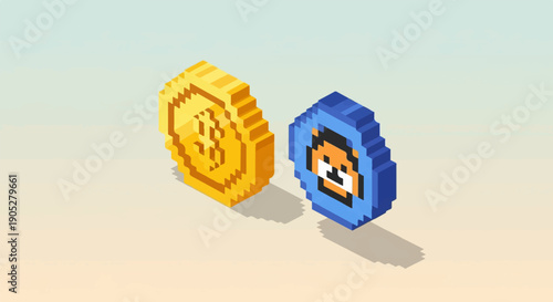 Pixelated gold coin and blue coin with lion face on a neutral background