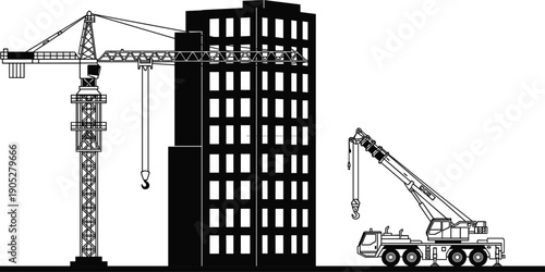 Minimalist construction site silhouette illustration featuring tower crane, mobile crane, and high-rise building development, industrial architecture concept in black and white