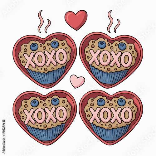 Four heart-shaped muffins with XOXO decoration and blueberries, surrounded by hearts, viewed from directly above.