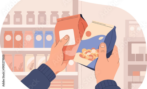 Person's hands hold cereal boxes with shelves of food products in background