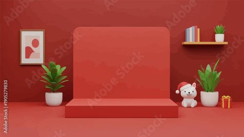 Red studio with holiday decor dog, plants, books, gift, painting