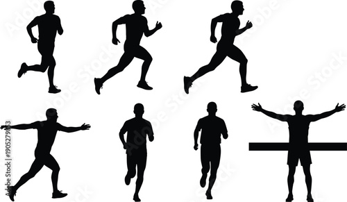 Running athlete silhouettes set showing sprinting, jogging, and finish line poses illustrating fitness training, marathon racing, and sports movement isolated on white background