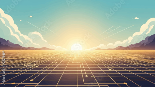 Pixelated horizon with sun setting over a digital grid landscape