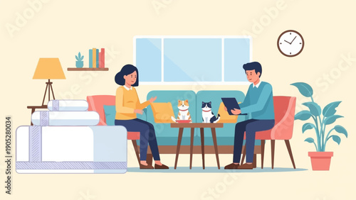 Relaxed couple with pets and laptop in a cozy living room setting