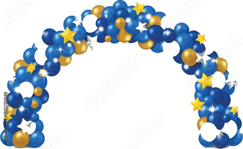 Balloon arch with blue, gold, and white balloons for party decoration