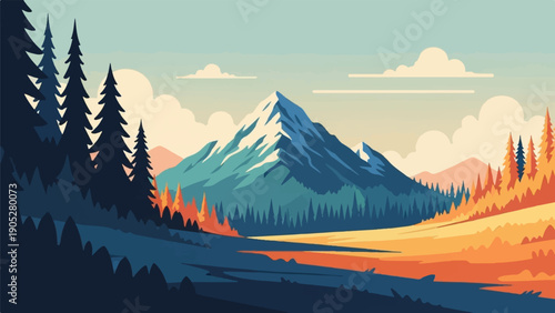 Pixelated mountain landscape with evergreen and autumn trees