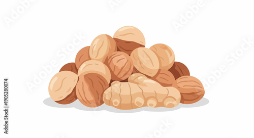 Pile of assorted nuts with a piece of ginger