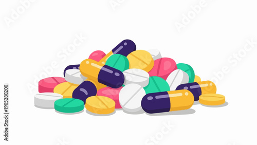 Pile of colorful pills and capsules isolated on white background