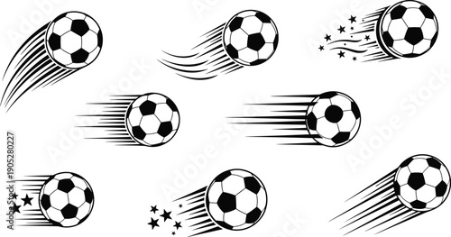 Set of black and white soccer balls with speed motion lines and stars dynamic football action icons isolated vector illustration