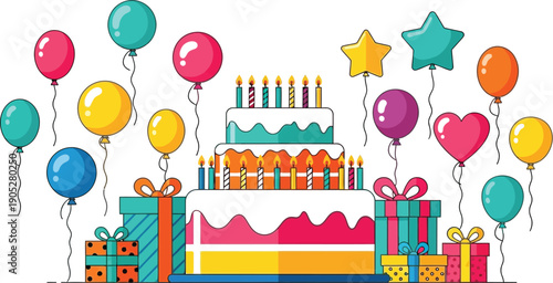 Birthday Cake with Balloons and Gifts for a Party Celebration, Fun Times