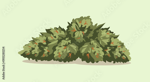 Pile of dense, green botanical clusters with orange accents on a light background