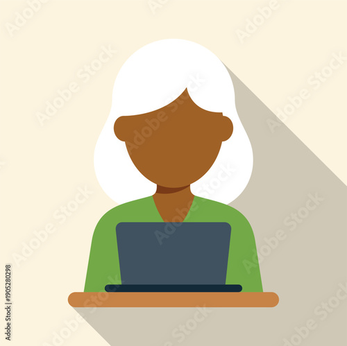 Dark skinned senior woman avatar working on a laptop at a desk, flat design
