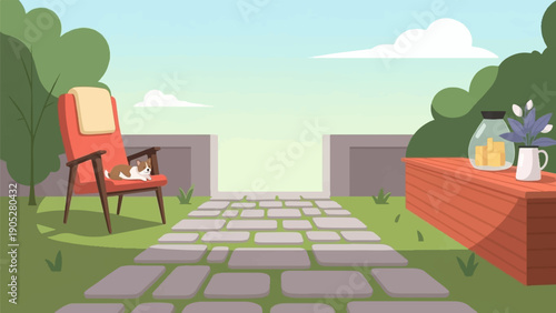 Relaxed dog on chair in a garden with stepping stones and a table