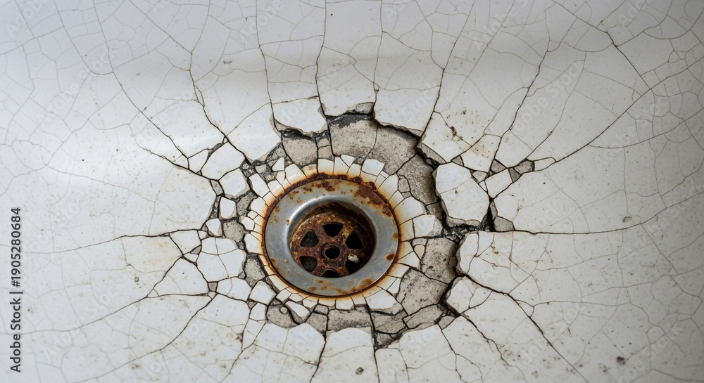 Fototapeta premium Close up of a severely cracked and rusty bathtub drain showing porcelain damage and decay in a bathroom setting