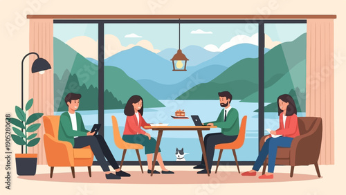 Relaxed individuals in cozy chairs and at a table, with a scenic mountain lake view