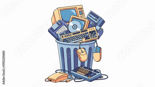 Pile of outdated computer equipment overflowing a trash bin