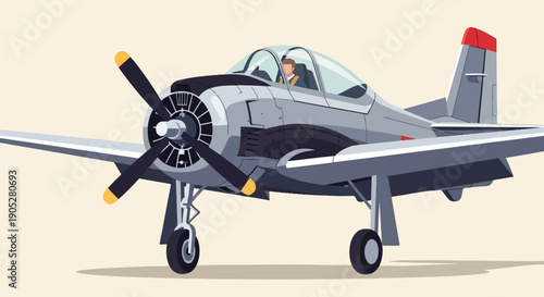 Pilot in a vintage gray propeller plane sits in the cockpit ready for flight