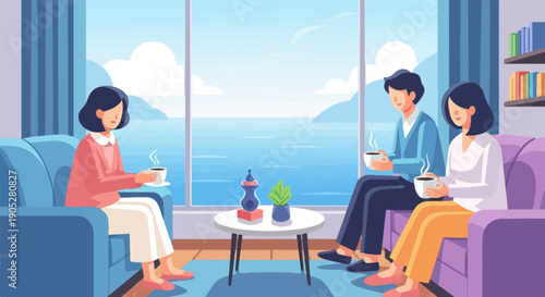 Relaxed people enjoying coffee by the sea with a scenic view
