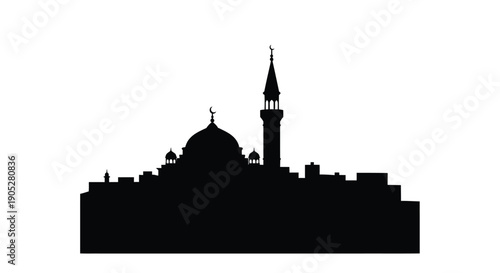 Mosque silhouette with dome and minaret against white background