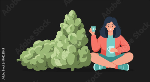 Relaxed person with beverage sits beside large cannabis bud