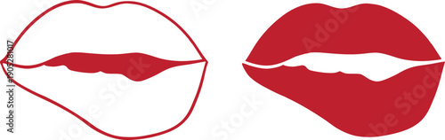 Red lips illustration icons for beauty and fashion design. Minimal line and filled lip shapes create bold symbols for cosmetics branding, stickers, and social media graphics. Clean modern elements 