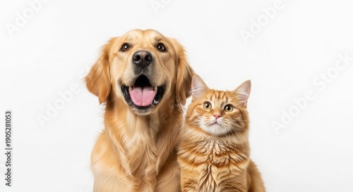 A golden retriever and an orange tabby cat sitting together, looking directly at the camera, in a friendly pose, against a clean background.