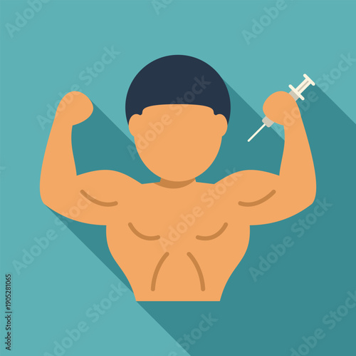 Bodybuilder man flexing muscles while holding a medical syringe