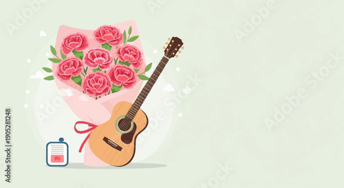 Pink carnation bouquet leans against a guitar and a citation