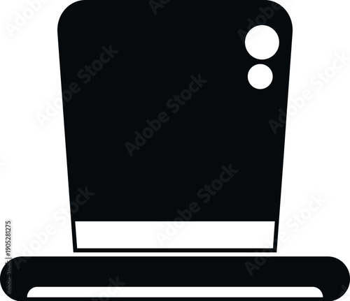 Black top hat with a white stripe and two round details in a simple icon style