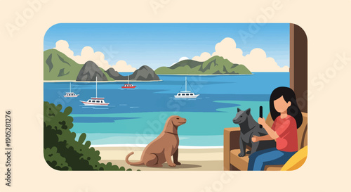 Relaxed seaside scene with two dogs and a person enjoying the ocean view