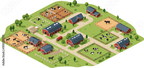 Isometric farm scene with barns and grazing livestock
