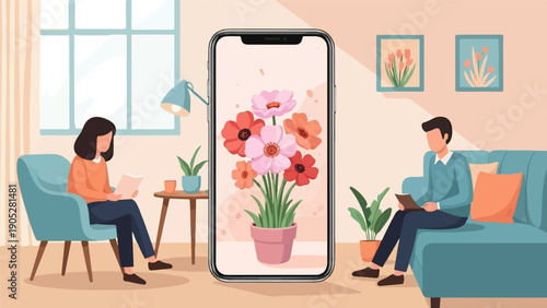 Relaxing at home, a woman and man read books in a cozy living room