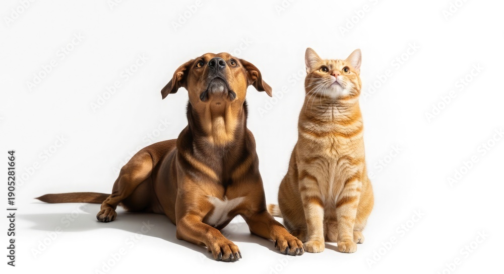 Fototapeta premium A dog and cat together on a white surface, viewed from the front, showcasing their companionship in a domestic setting as pets.