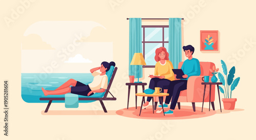 Relaxing by the ocean and indoors, people enjoy leisure time at home