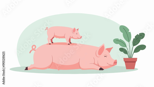 Pink pigs resting together with a potted plant nearby
