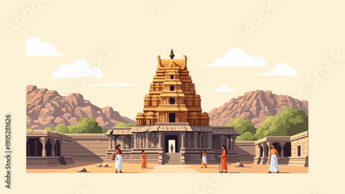 Pixelated scene of an ancient temple complex with people