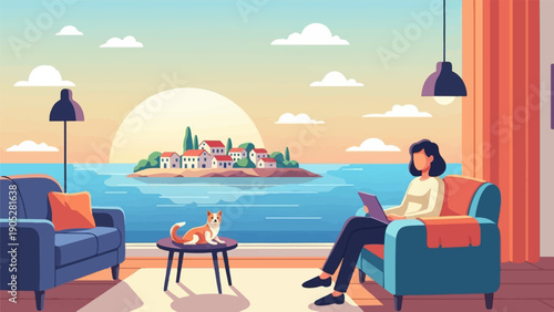 Relaxing by the sea with a dog and laptop, a peaceful coastal scene at sunset