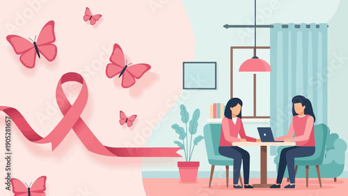 Pink ribbon, butterflies, and two women working on a laptop in a room