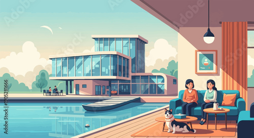 Relaxing by the water two women and a dog in a modern home setting