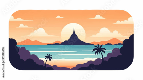 Pixelated tropical island sunset with a temple silhouette