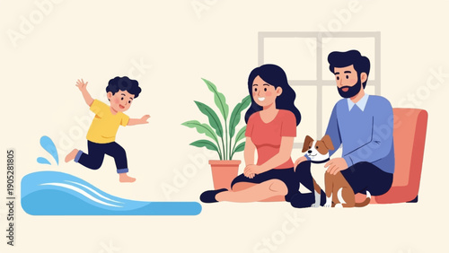 Playful child leaps into water, parents relax with dog nearby