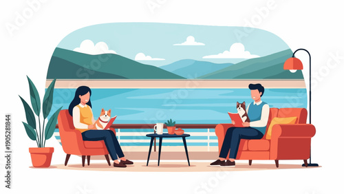 Relaxing on a balcony with a book and dog, overlooking a serene blue lake