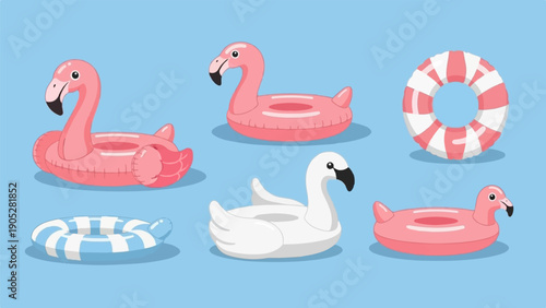 Pixel art collection of inflatable pool toys flamingos, swan, and rings