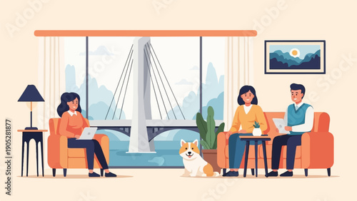 Relaxing people with a dog in a bright room with a scenic view