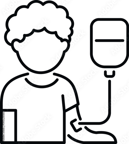 Person receiving intravenous infusion from a hanging bag for medical treatment