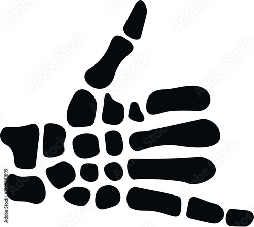 Skeleton hand bones forming a shaka sign, representing surfing culture and positivity