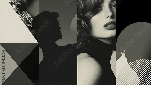 Stunning woman in modern geometric art collage with dramatic shadows